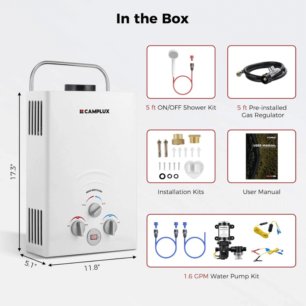 Camplux BW158P60 Camping Water Heater With Pump Kit
