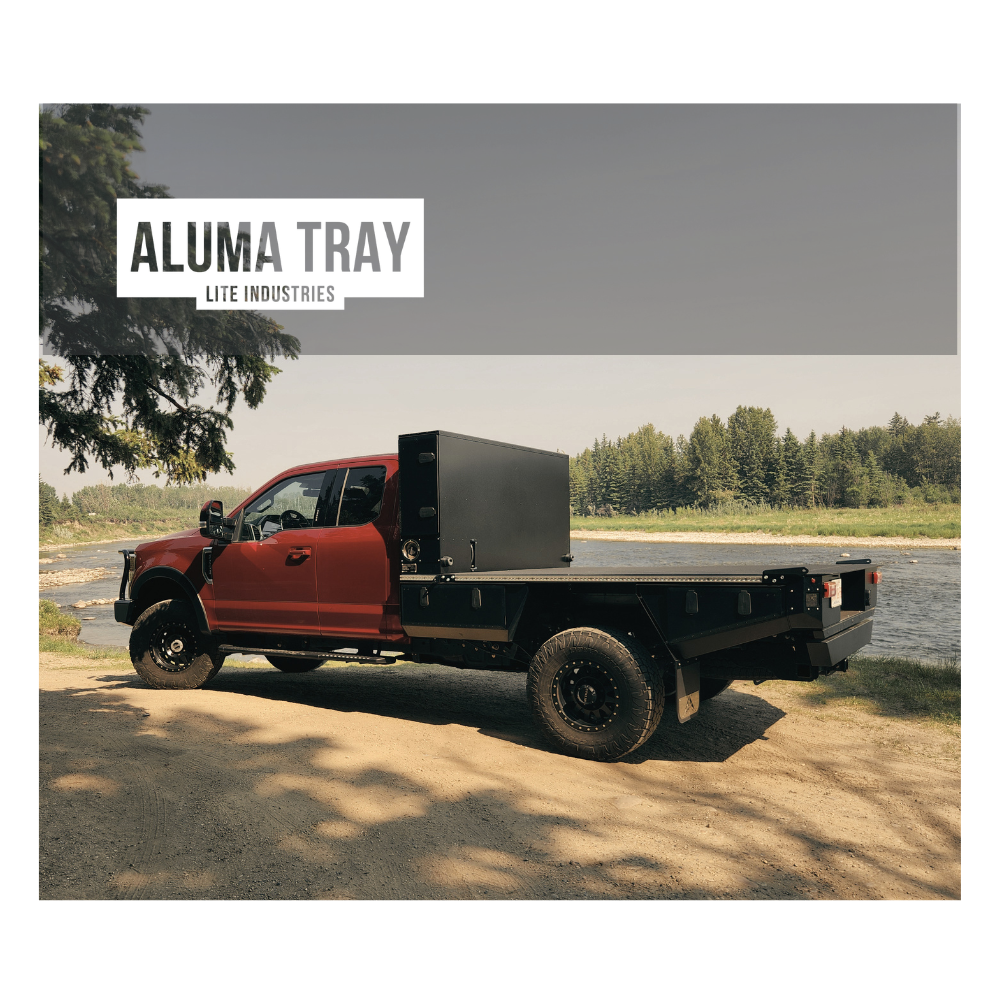 OEV Aluma Tray aluminum flat bed on a red truck with lake in the background