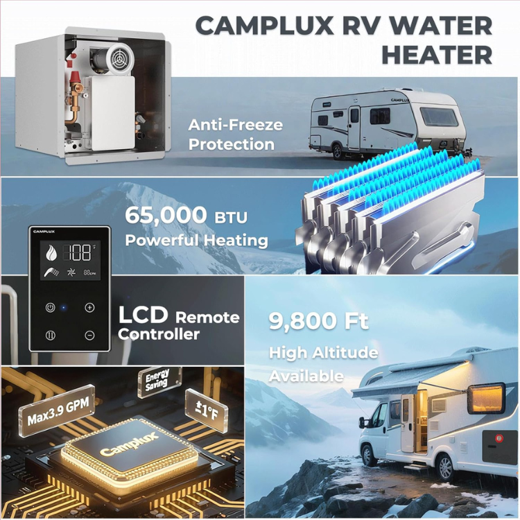 Camplux Elite 65,000 BTU RV Tankless Water Heater 2.64 GPM-Black