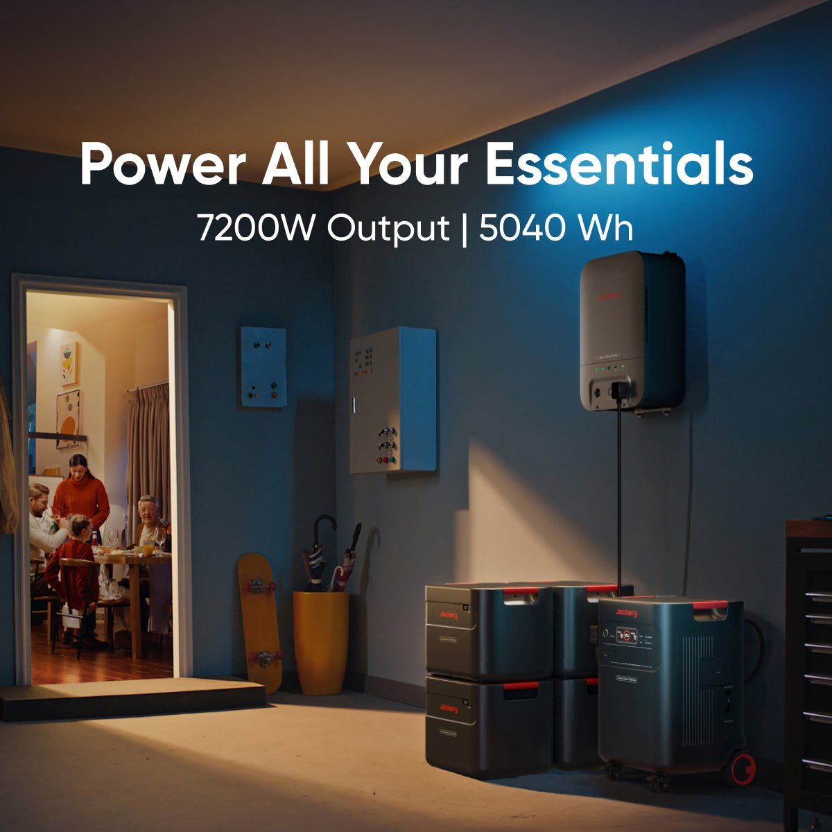 Power station with 7200W output and 5040 Wh capacity in a garage setting.