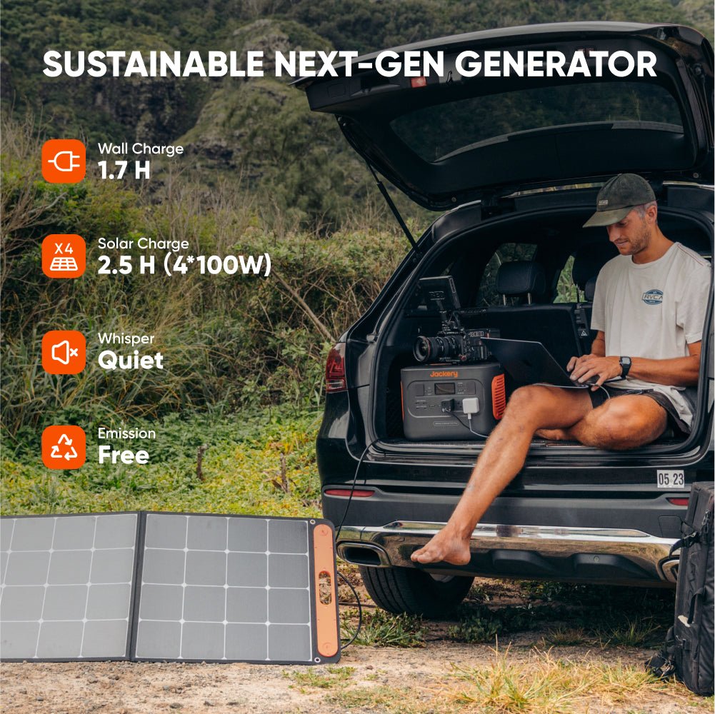 Person using a portable generator in the back of a car with sustainability features highlighted. Header text "sustainable next-gen generator"