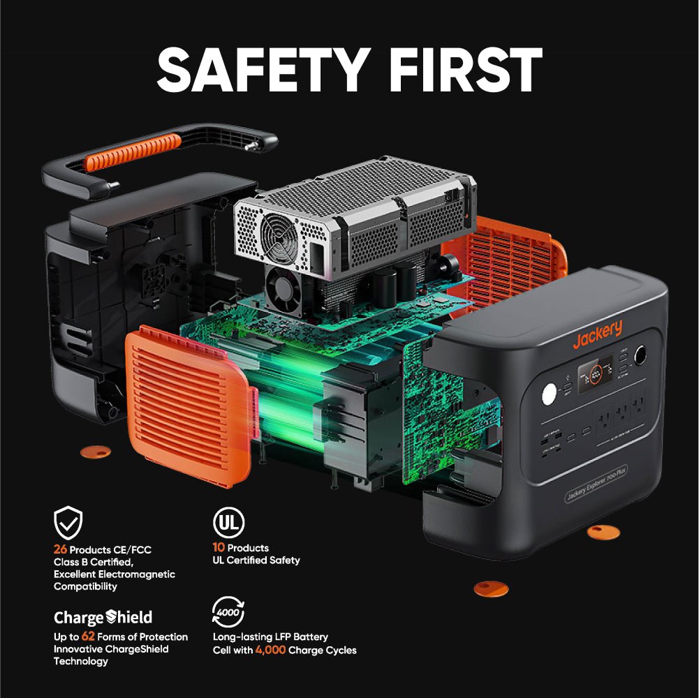 Jackery portable power station with open design showing internal components on a black background. Header text "Safety first".