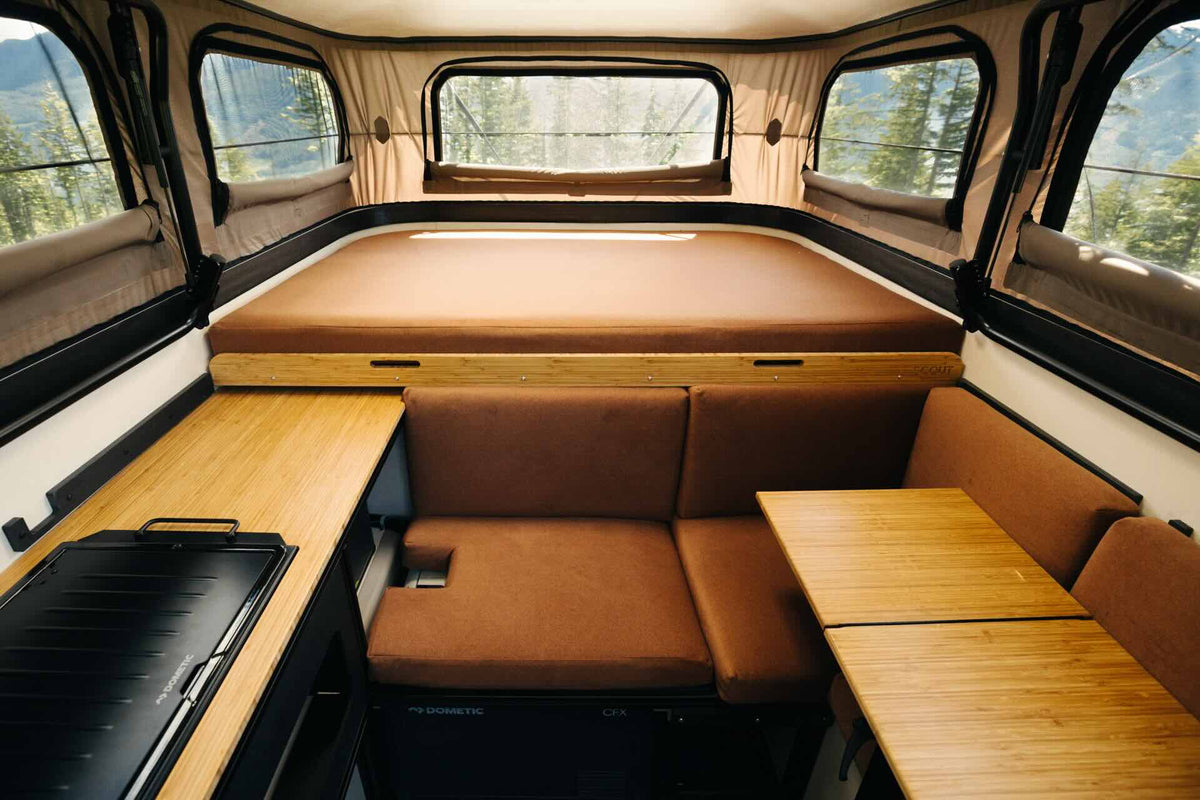 Interior of a Scout Yoho pop-up truck camper