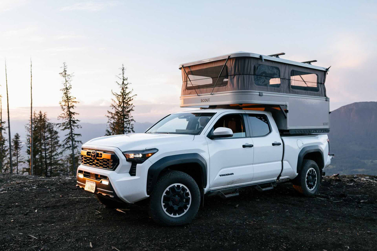 Scout Yoho pop-up truck camper with the roof raised