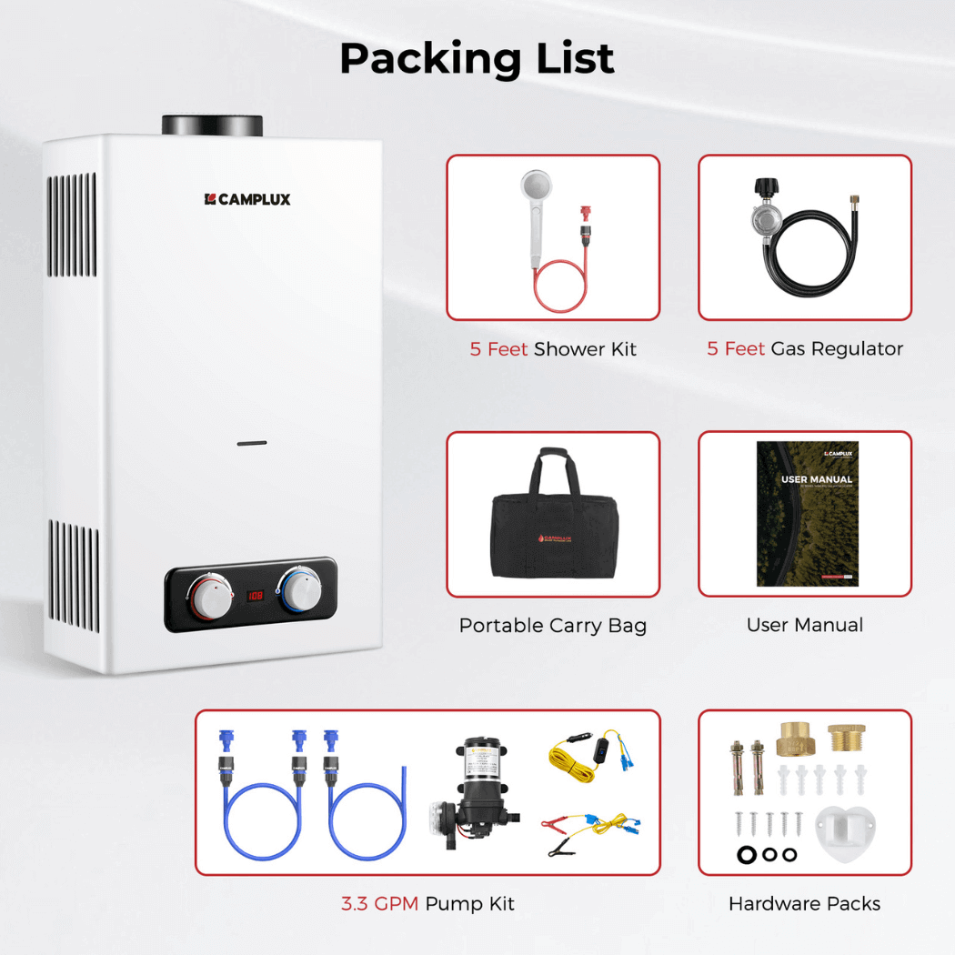 Tankless Water Heater, Camplux 2.64 GPM Outdoor Propane Water Heater, Gas Water Heater with 3.3 GPM Water Pump & Pipe Strainer for Camping, Cabins