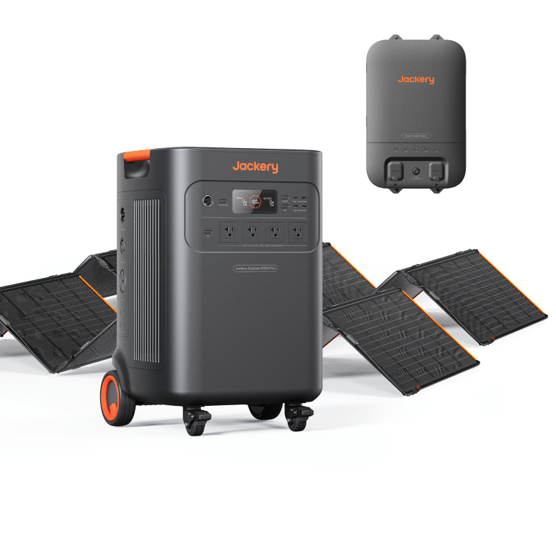 Jackery portable power station and multiple solar panels on white background.
