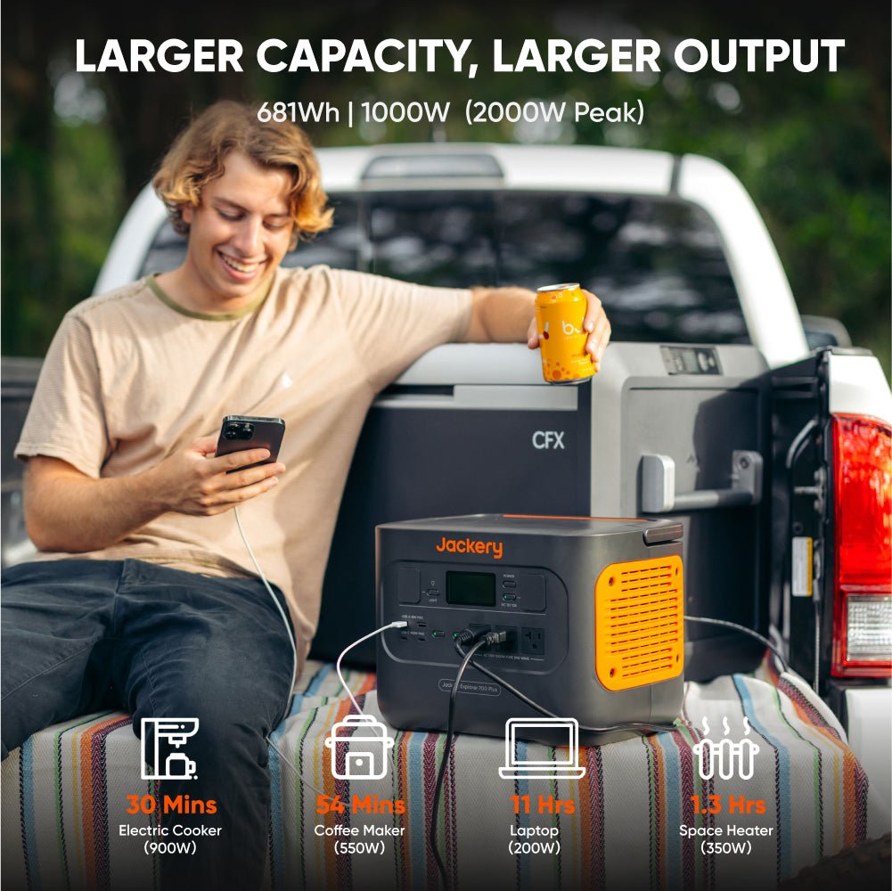 Person using a Jackery power station with a cooler and phone, outdoors. Header ext "larger capacity, larger output: 618Wh, 1000W (2000W peak)".