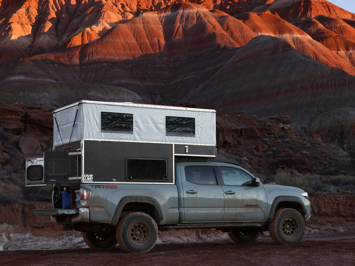 OVRLND Bread n Butter aluminum camper topper with the roof popped